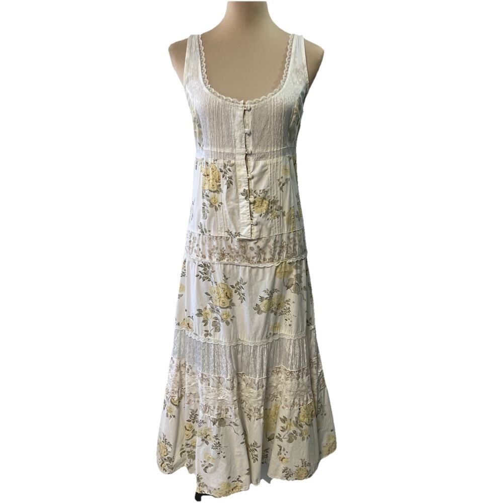Vtg 90s Y2K Midi Fairy Cottage Dress Yellow Roses Sz S Boho Hippie Button Front